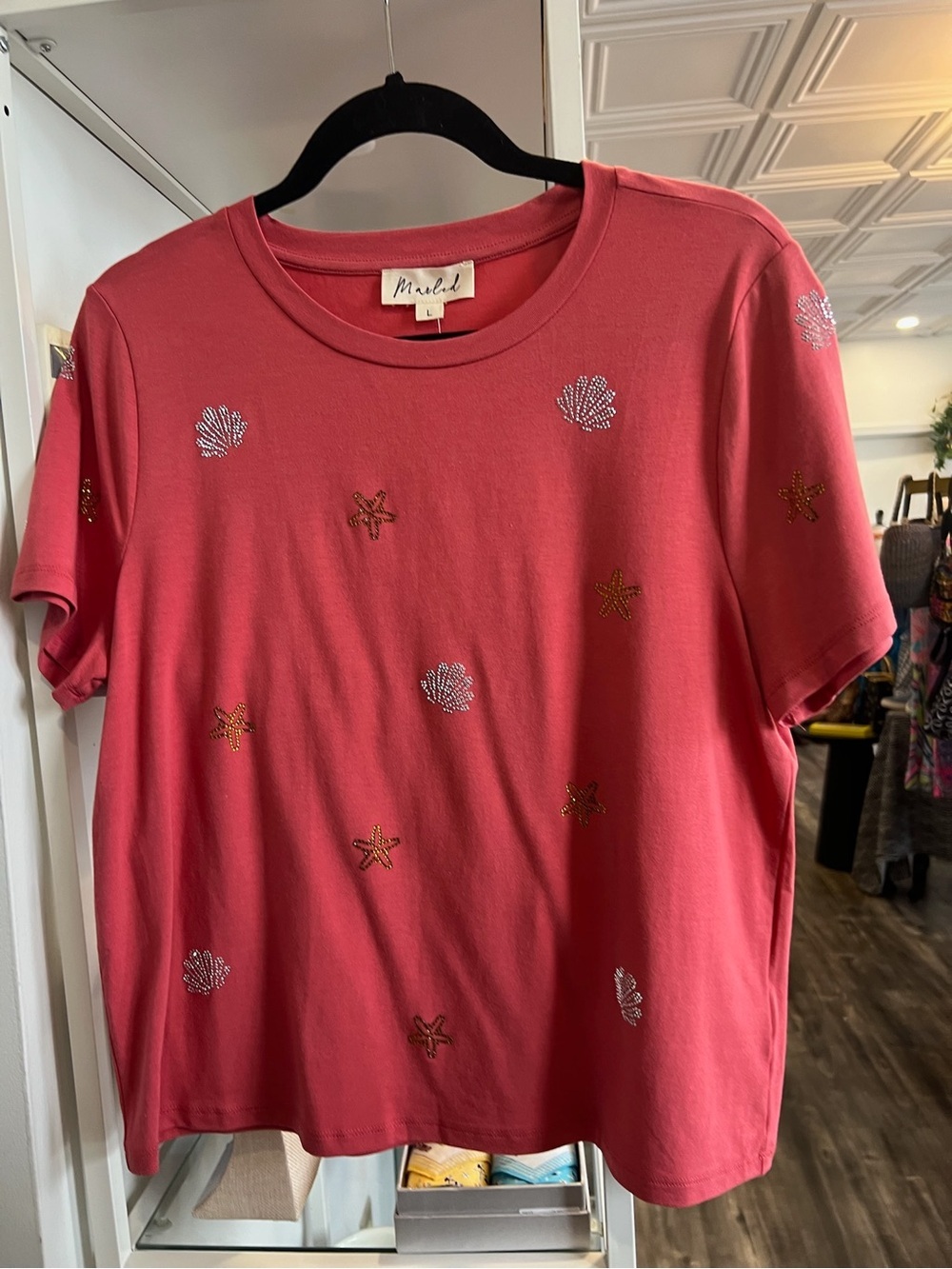 Marled Coral Short Sleeve Tee with Shell & Star Embellishments